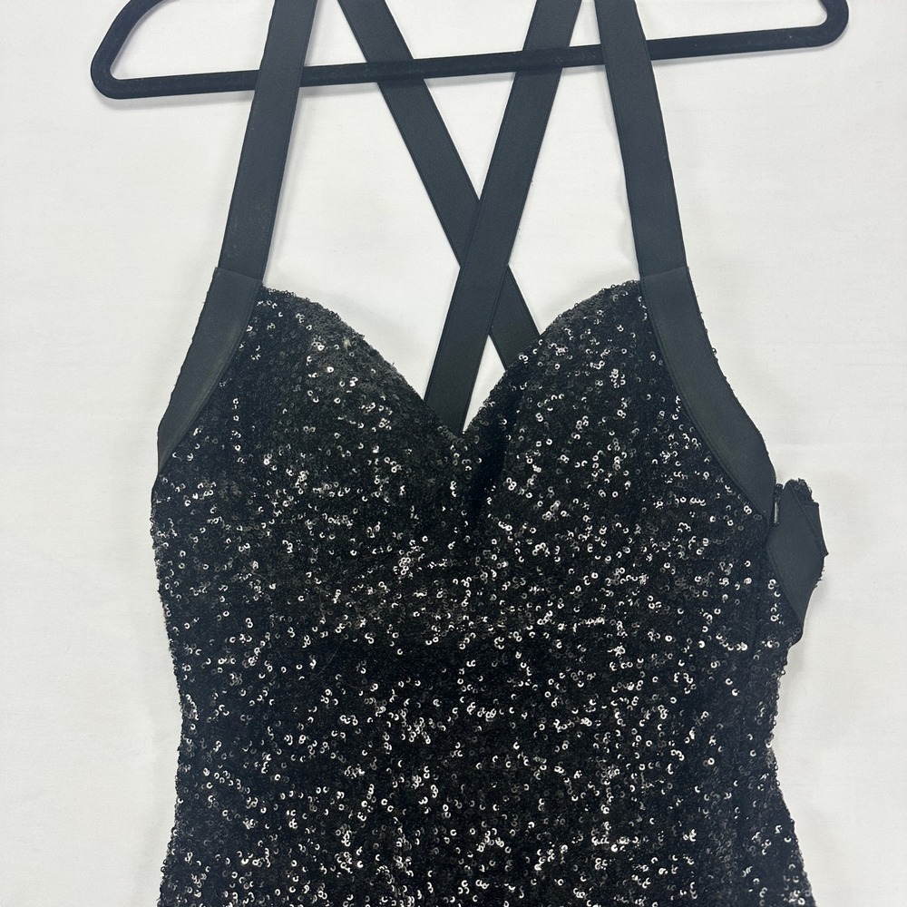 La Femme Black Sequin Bodycon Cocktail Dress Women's Size 2 Criss Cross Strap - Picture 3 of 8